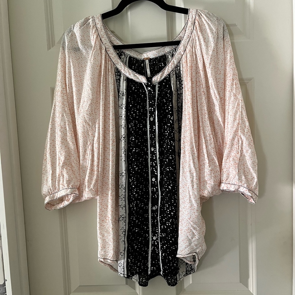 Vintage Free People Dolman sleeves bohemian blouse light pink/white/black XS